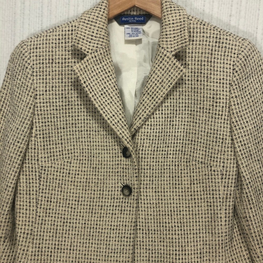 Austin‎ Reed Petite Tweed Blazer Jacket Women Beige Black Button Front Classic
